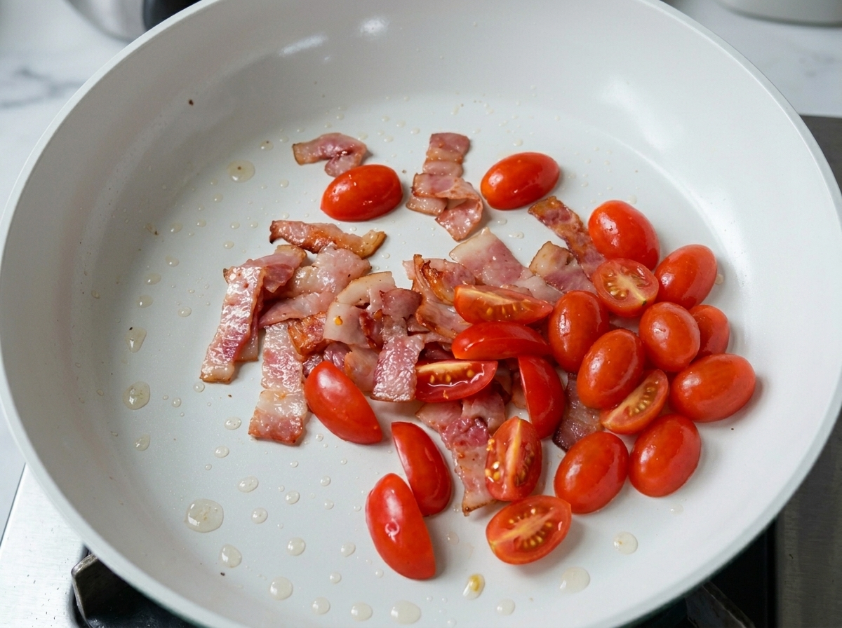 Halbierte Kirschtomaten garen in einer Pfanne mit Speck.