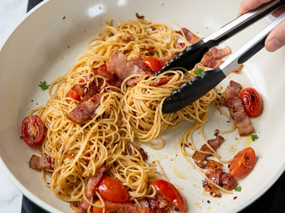 Spaghetti werden in der Pfanne mit frischen Basilikumblättern verfeinert.