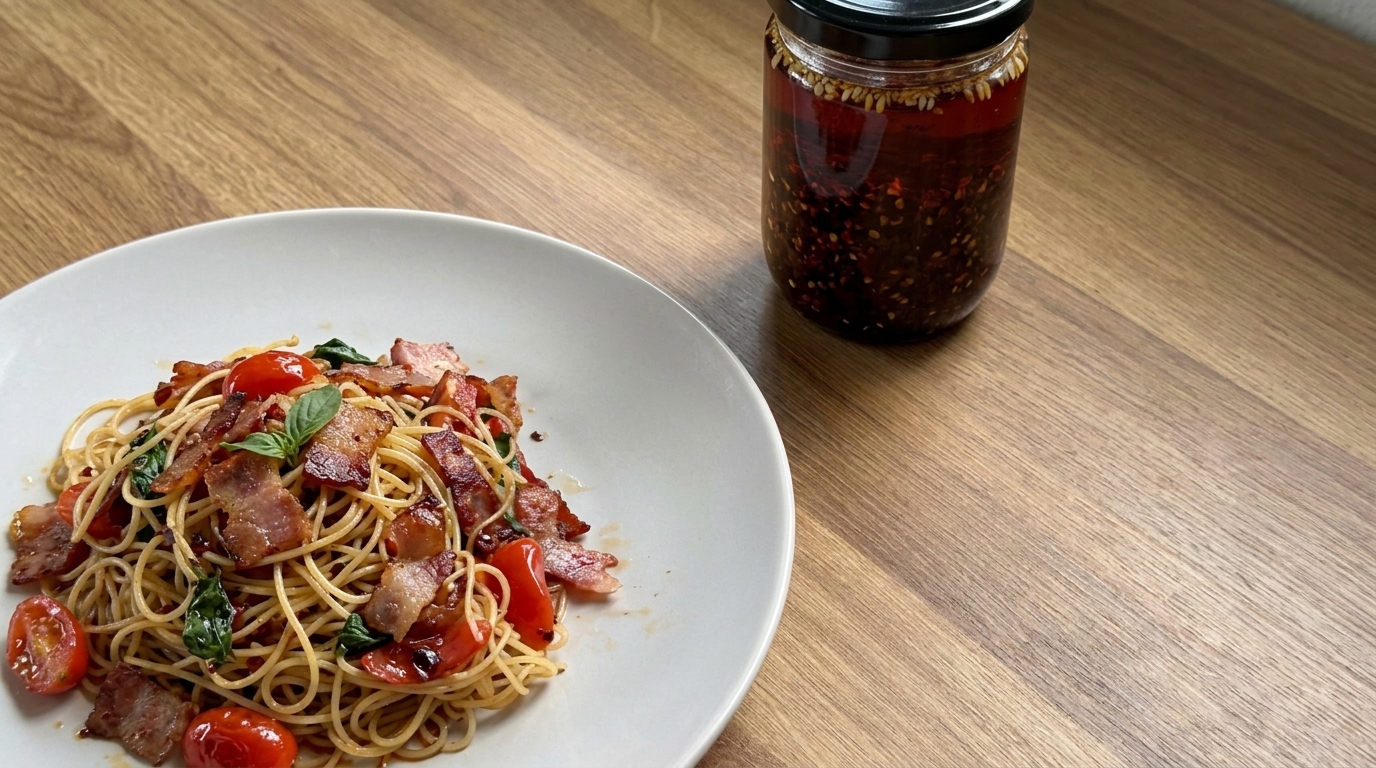 Würzige Bacon-Spaghetti mit Chili-Öl