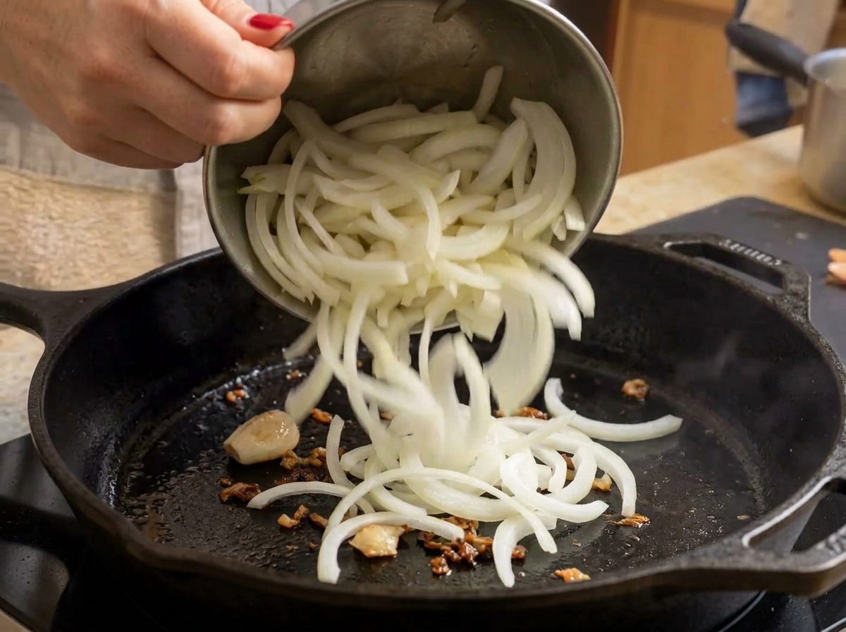 Zwiebelscheiben werden in die Pfanne zu den gebratenen Speckstücken gegeben.