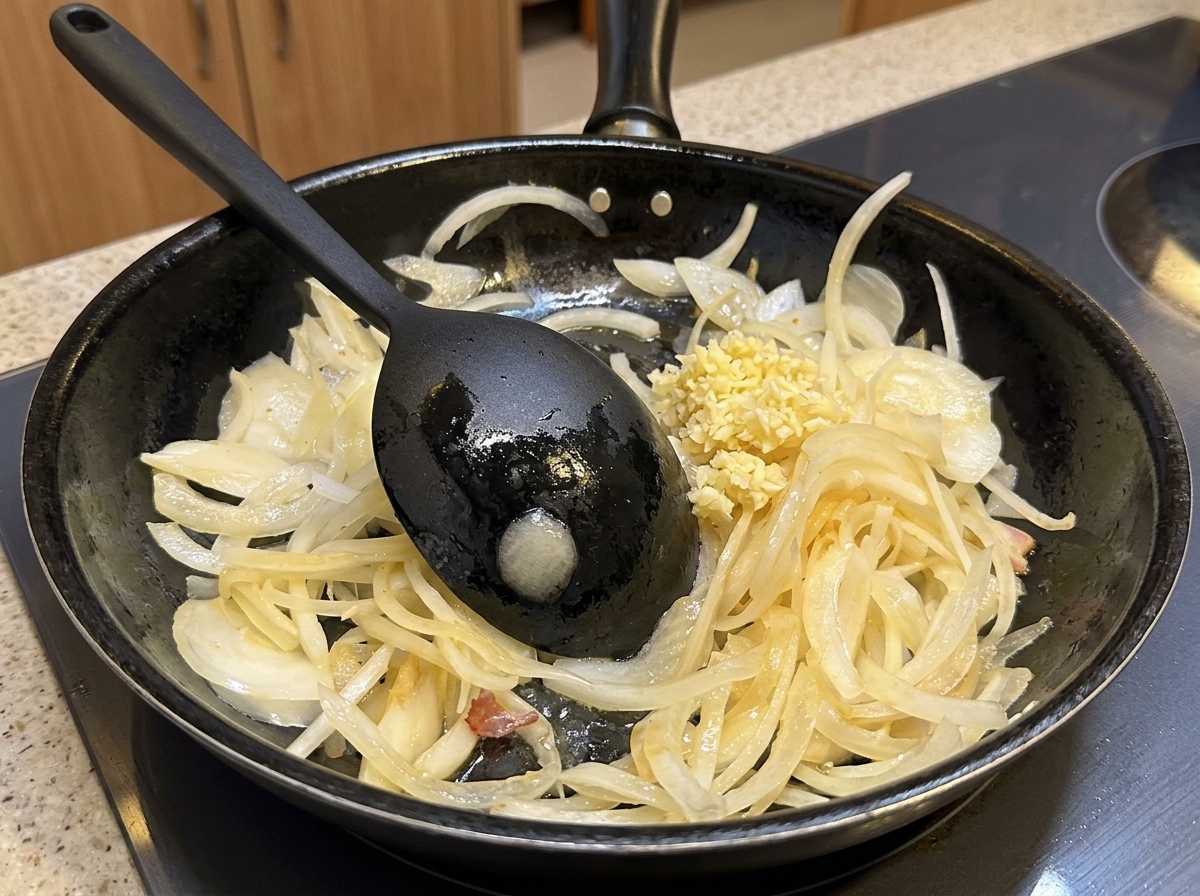 Gehackter Knoblauch wird in die Pfanne zu den Zwiebeln und Speckstücken gegeben.