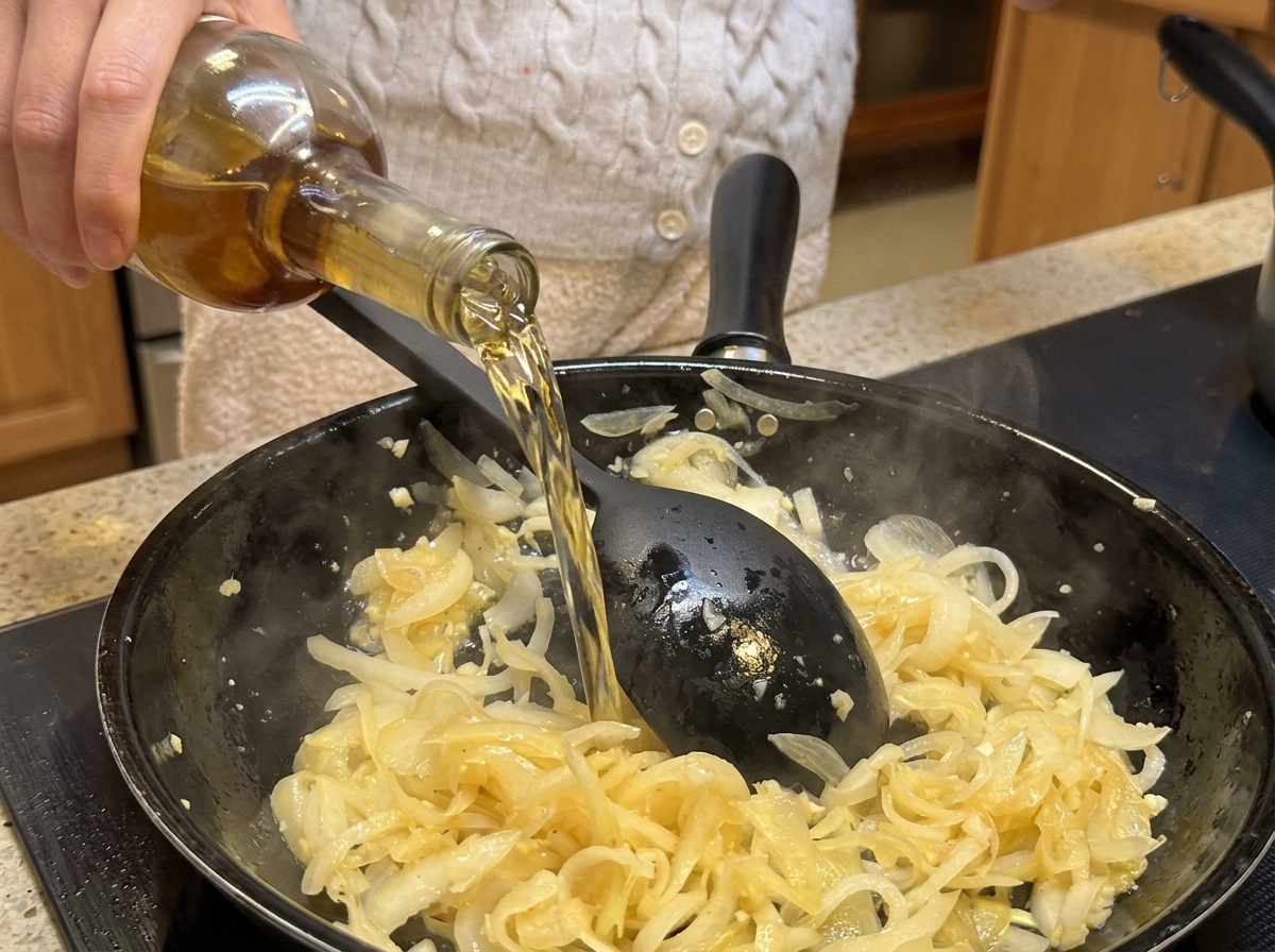Weißwein und schwarzer Essig werden in die Pfanne zu den Zwiebeln gegossen.