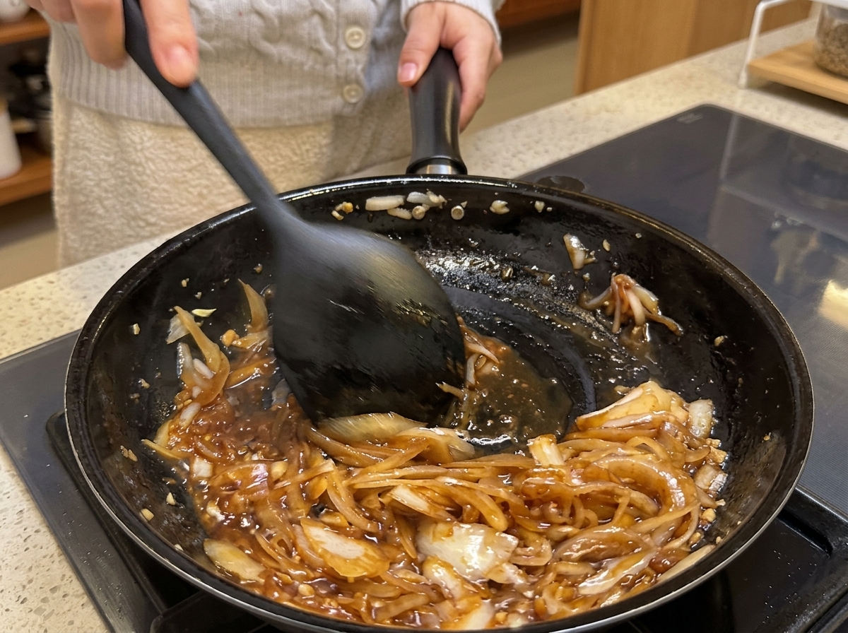 Eine Pfanne mit karamellisierten Zwiebeln, Chiliöl und Nudelwasser.