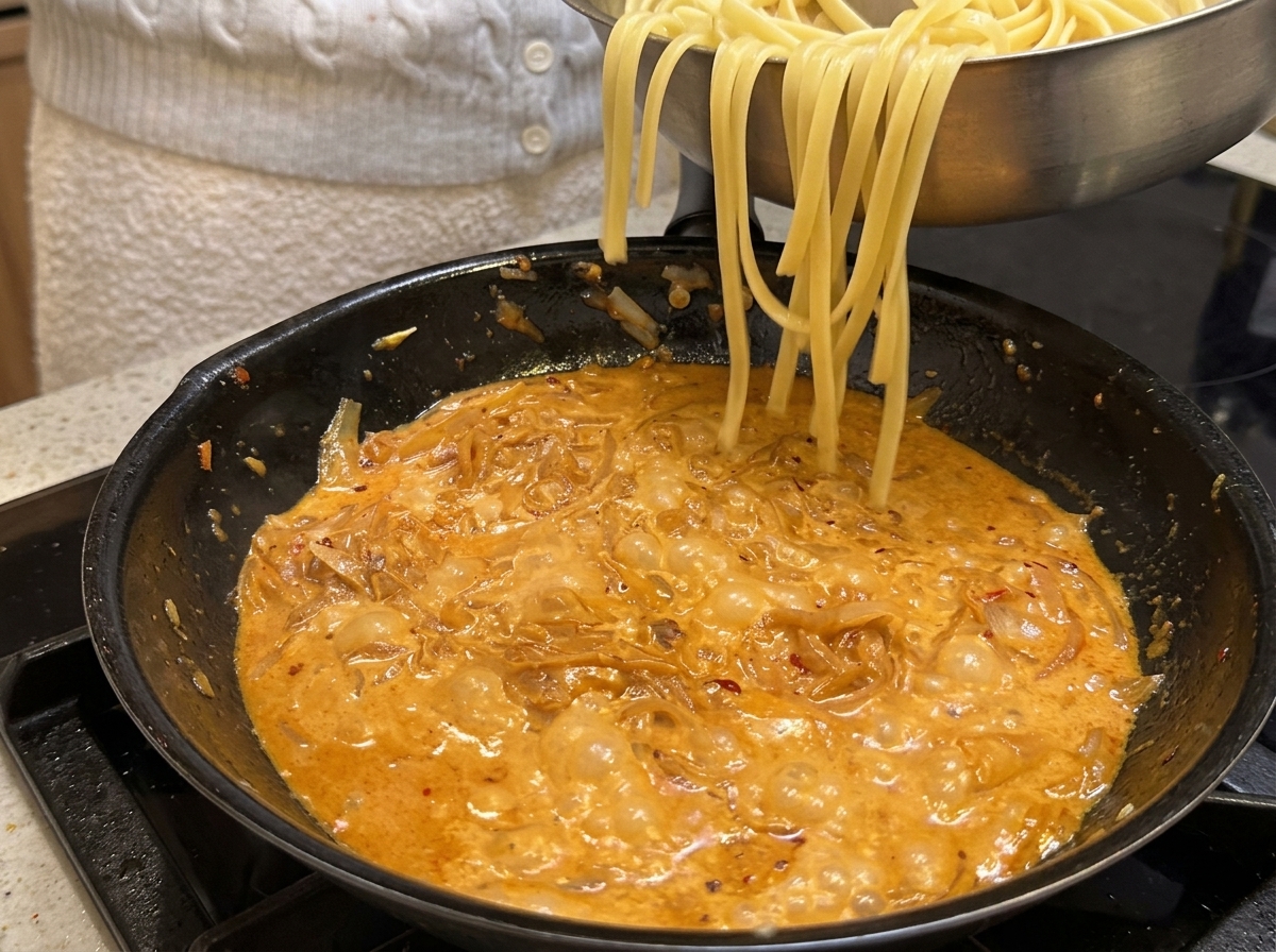 Gekochte Pasta wird in die Pfanne zur cremigen Sauce gegeben und vermengt.