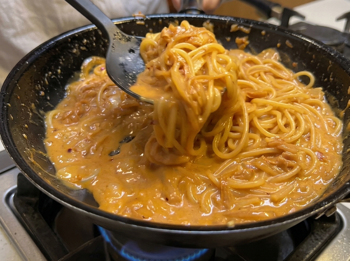 Knuspriger Speck wird unter die cremige Pasta gehoben.