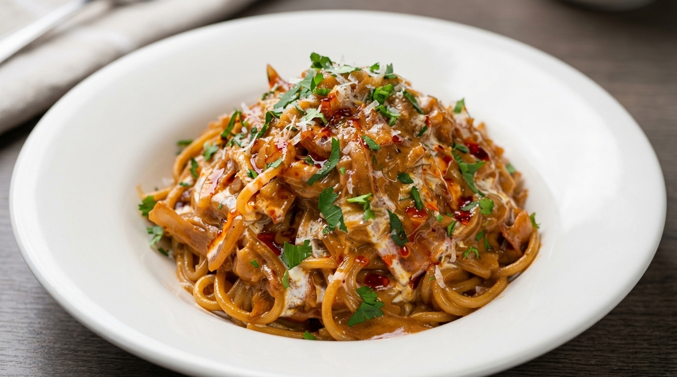 Cremige Pasta mit karamellisierten Zwiebeln und knusprigem Speck
