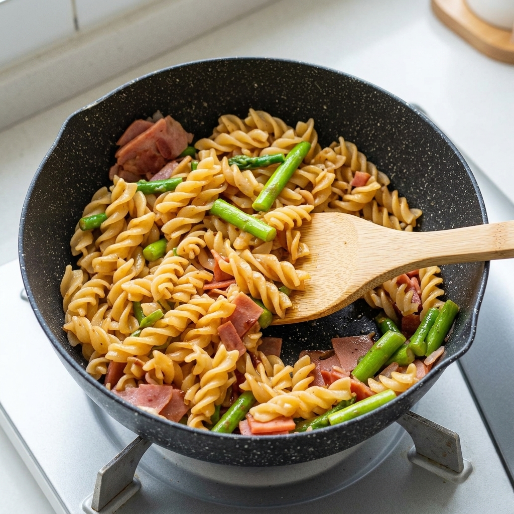 Ein Holzspatel wendet Pasta, Speck und Spargel in einer Pfanne, um alles mit Sauce zu überziehen.