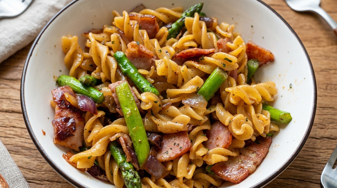 Eine Schüssel Fusilli mit gebräuntem Speck und leuchtend grünem Spargel, umhüllt von einer herzhaften dunklen Sauce.