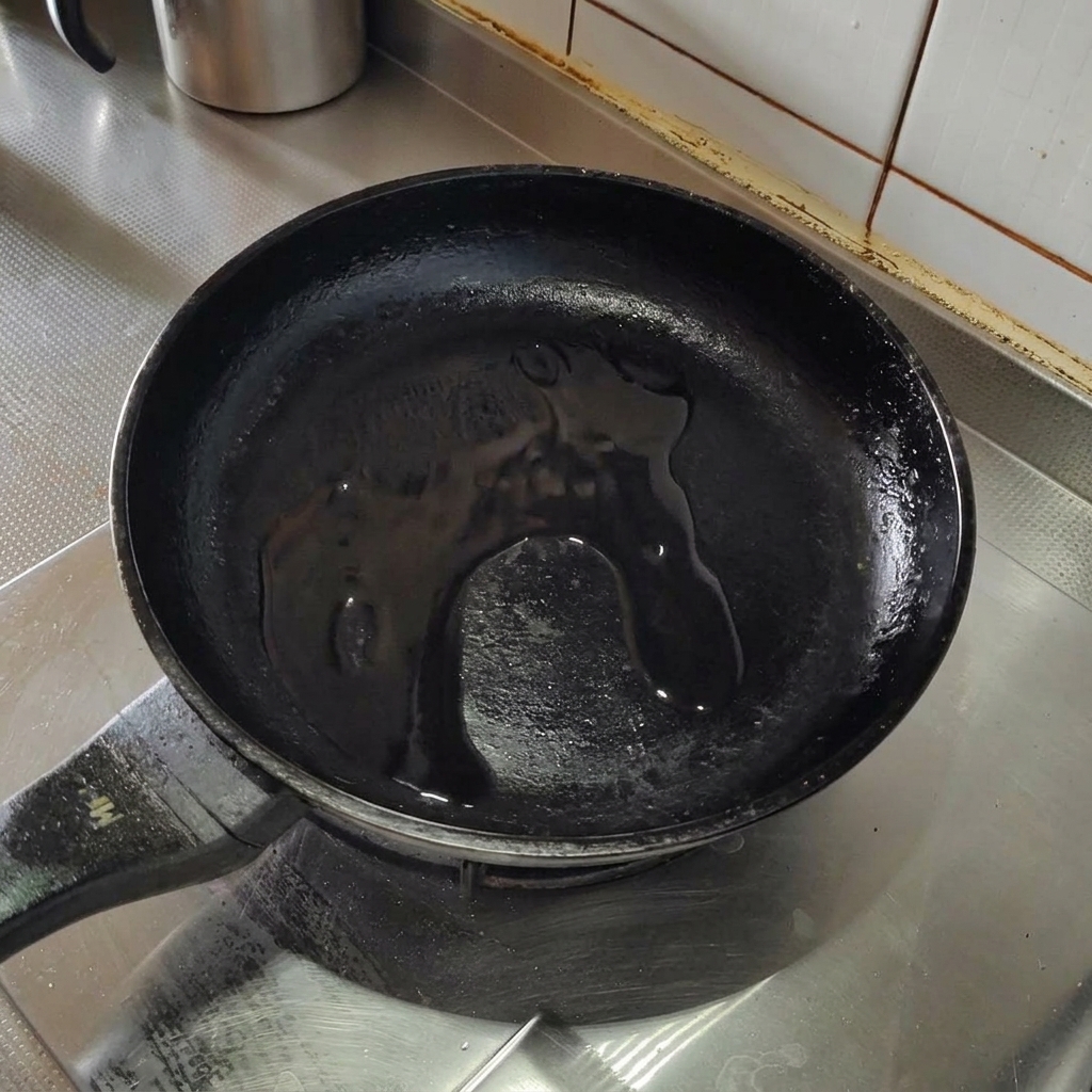 Knusprige Speckstücke braten in Olivenöl in einer Edelstahlpfanne.