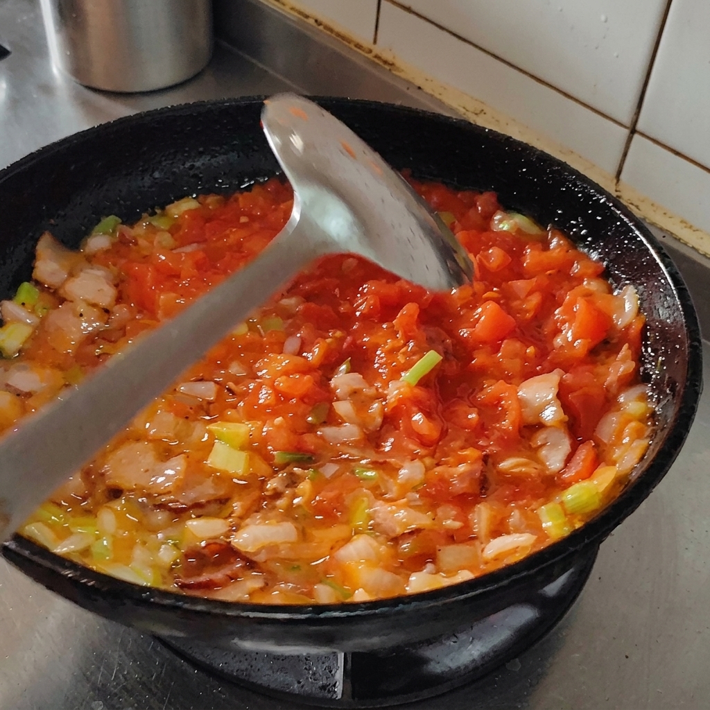 Schwarzer Pfeffer wird in die köchelnde Tomatensauce gestreut.