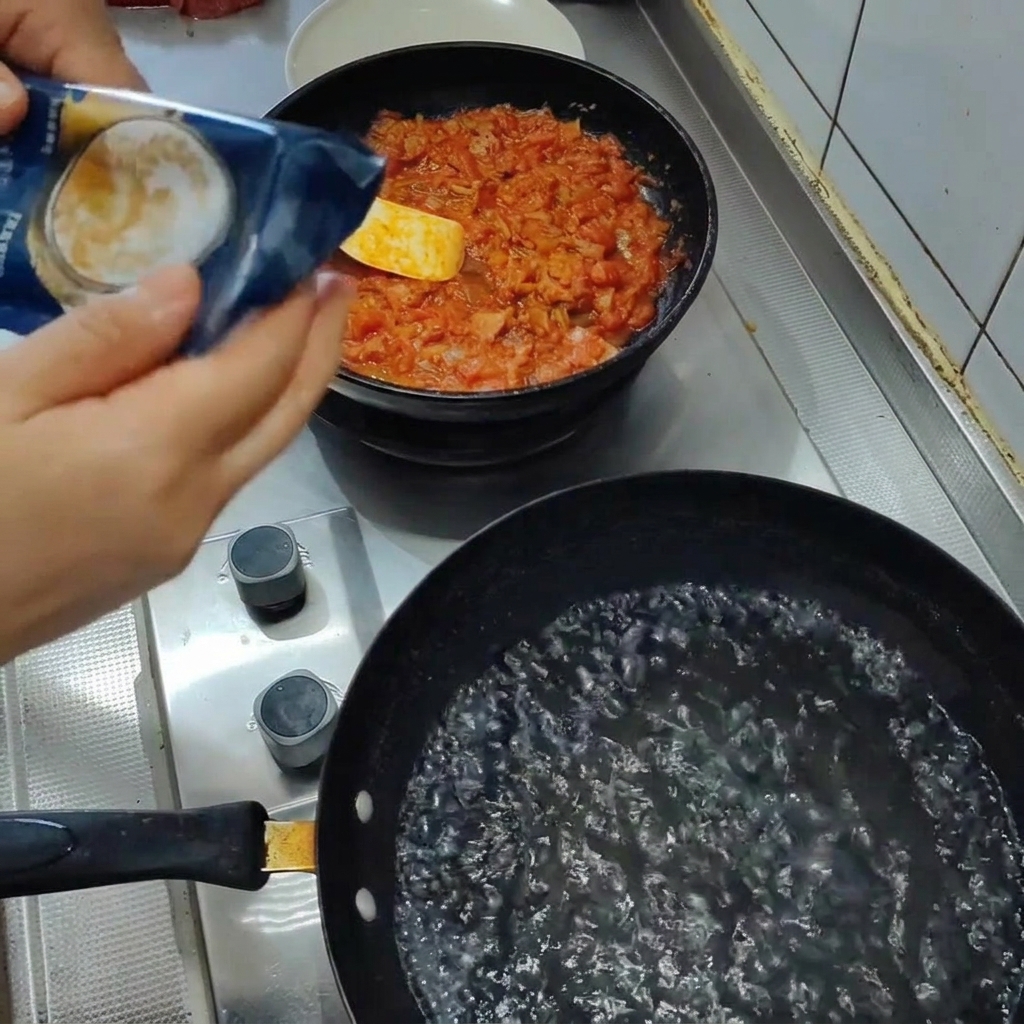 Spaghetti werden in einen großen Topf mit kochendem Wasser gegeben.