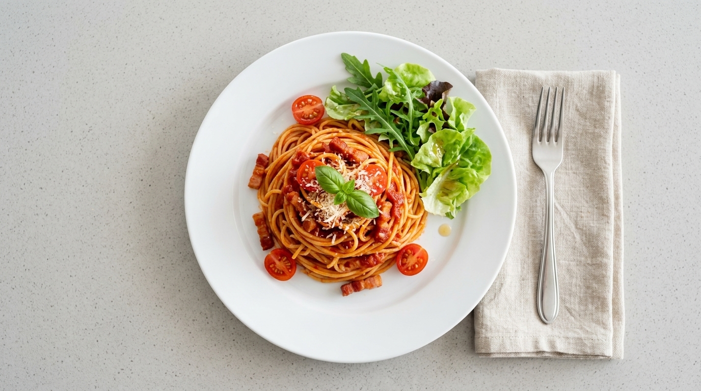 Klassische Pasta mit Speck und Tomaten