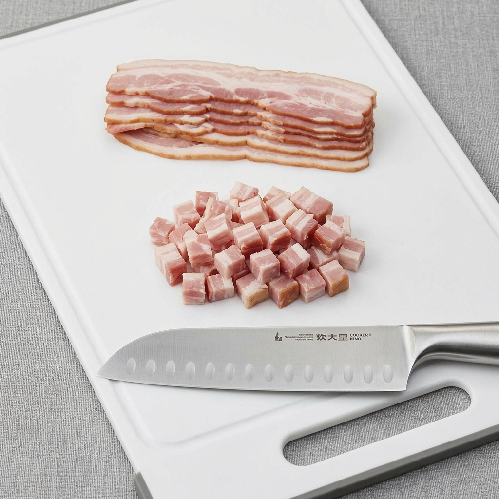 In kleine Würfel geschnittener Speck auf einem Schneidebrett neben einem Kochmesser.