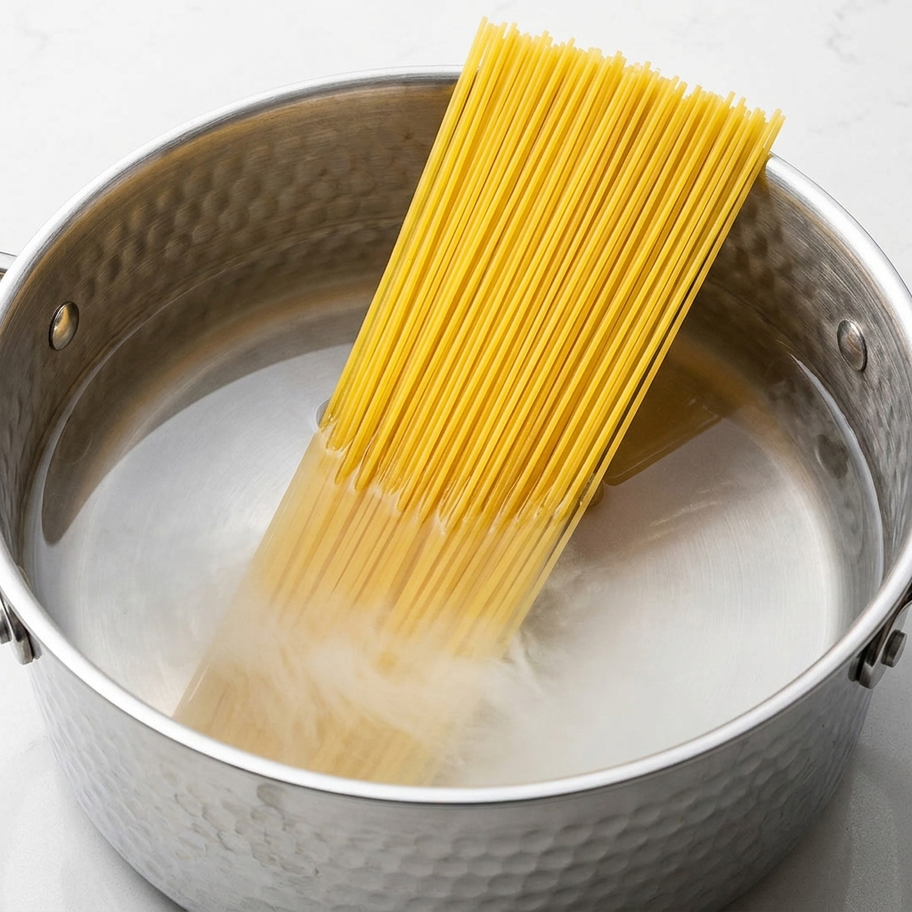 Spaghetti werden in einen Topf mit kochendem Wasser gegeben.