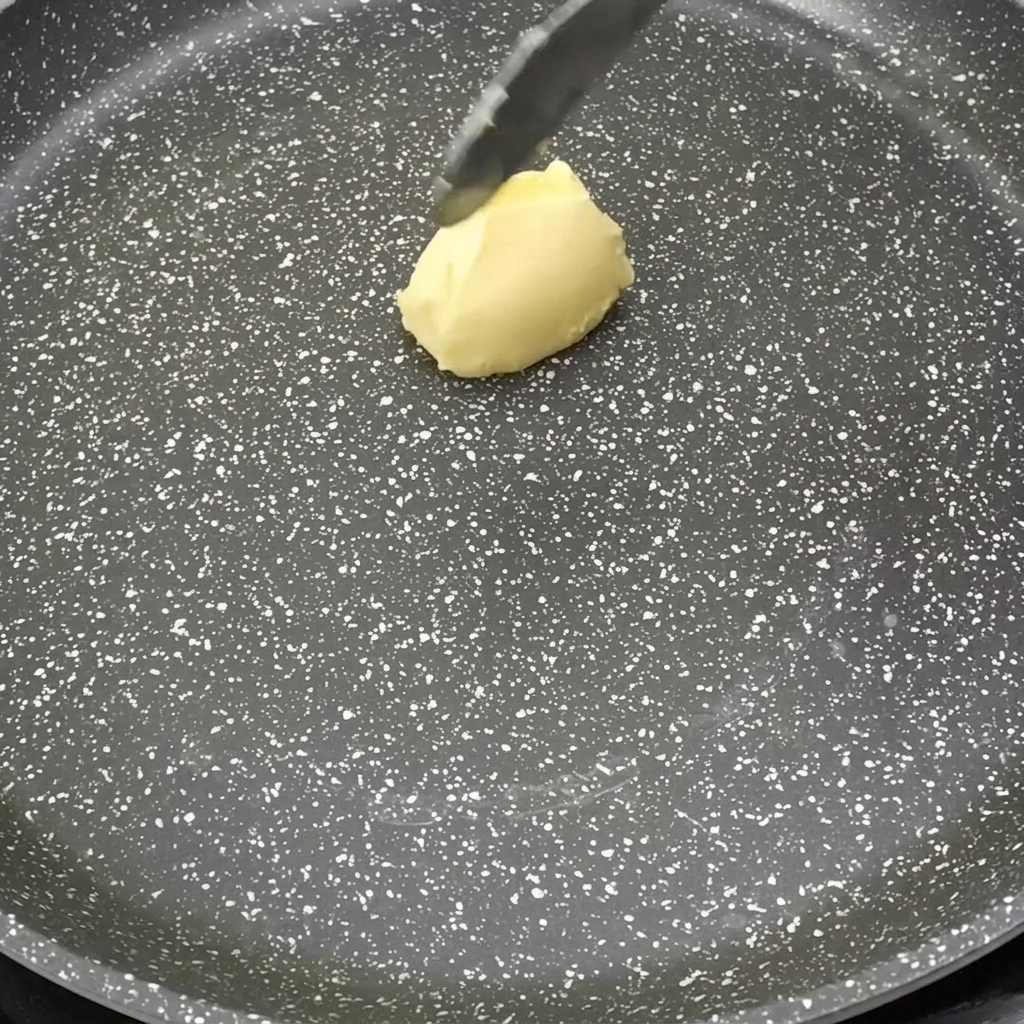 Ein Stück Butter schmilzt in einer heißen Pfanne.