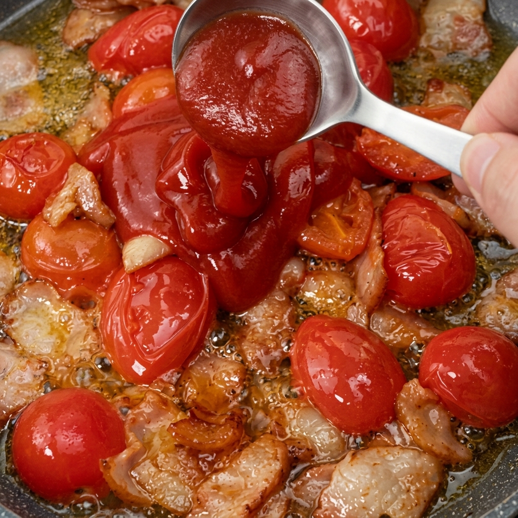 Tomatensauce wird in die Pfanne zu Speck und Tomaten gegossen.