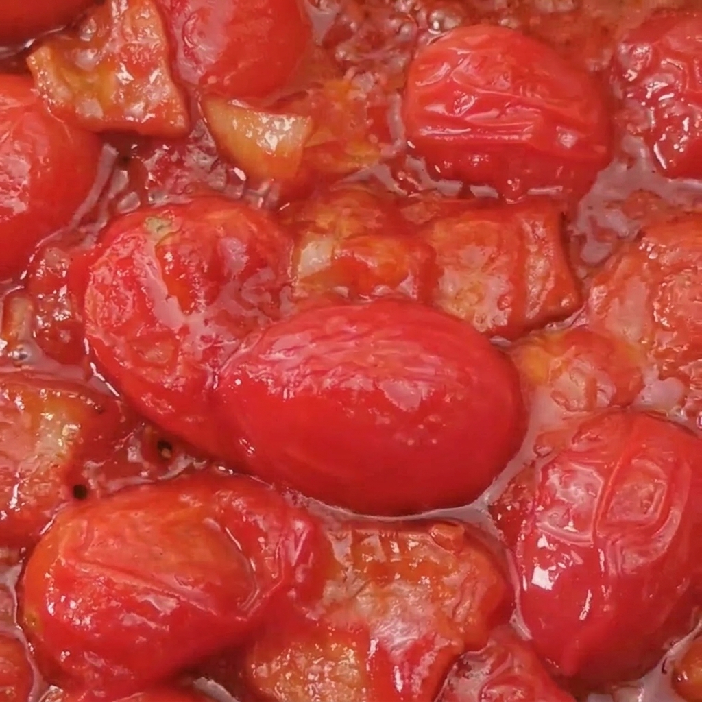 Gekochte Spaghetti werden in der Sauce in einer Pfanne geschwenkt.
