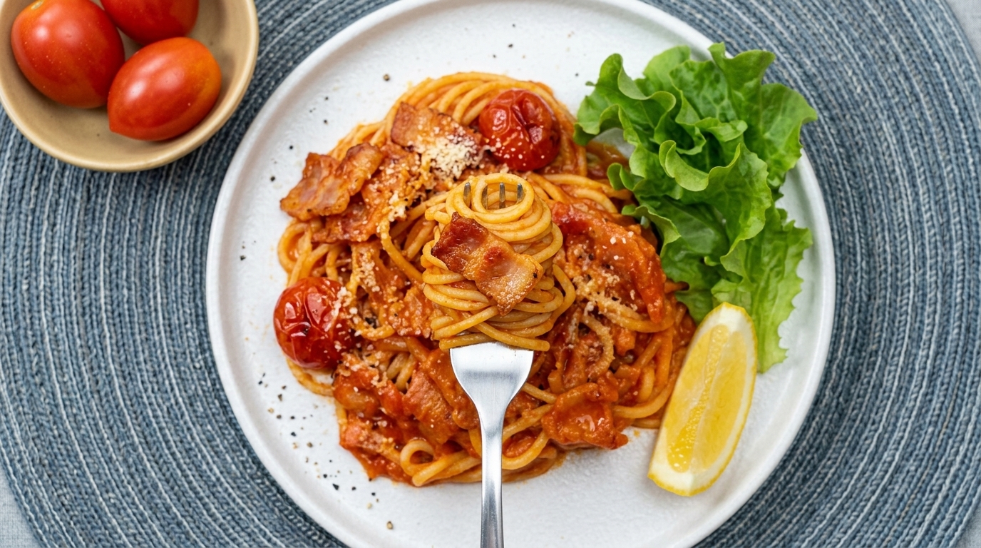 Klassische Tomaten-Speck-Pasta