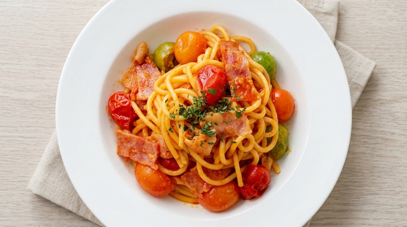 Klassische Tomaten-Käse-Pasta mit Speck
