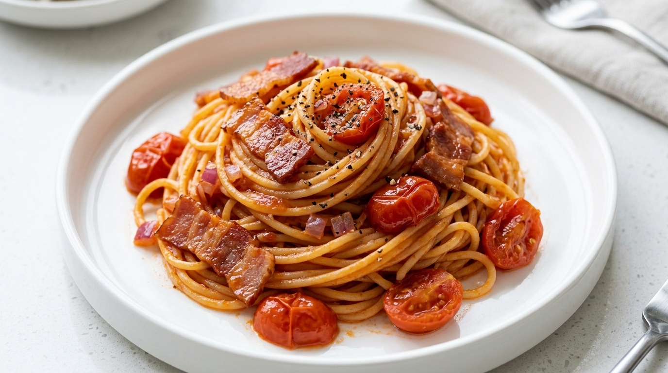 Spaghetti mit Tomaten und Speck