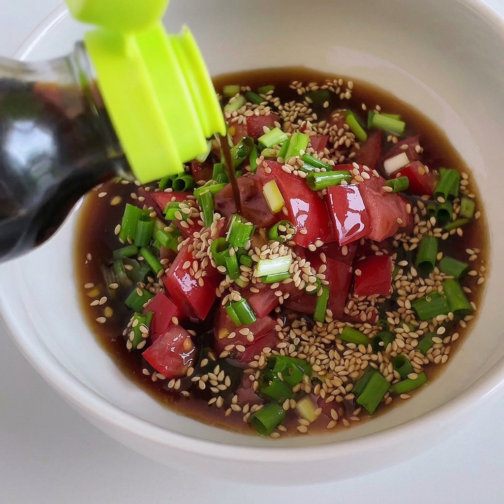 Ponzu-Sauce wird in eine Schüssel mit Tomaten, Frühlingszwiebeln und Sesam gegossen.