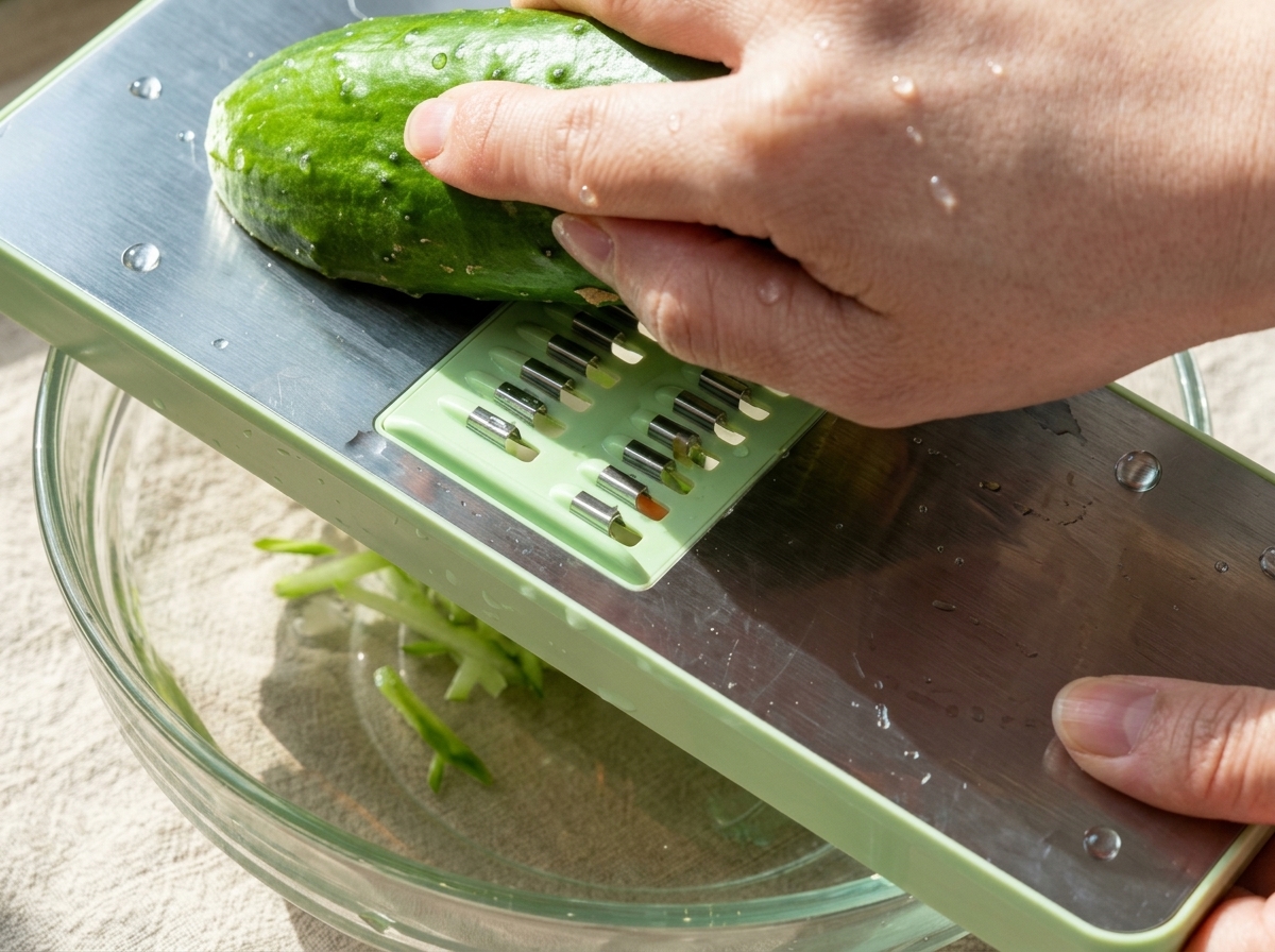 Eine Hand benutzt einen grünen Gemüsehobel, um eine frische grüne Gurke in feine Streifen über einer Glasschüssel zu reiben.