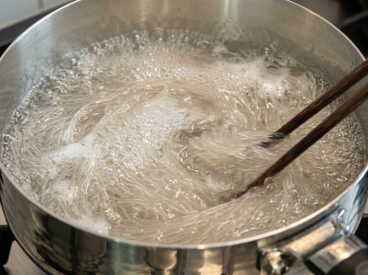 Stäbchen rühren vorsichtig dünne, halbtransparente Nudeln in einem silbernen Topf mit kochendem Wasser.
