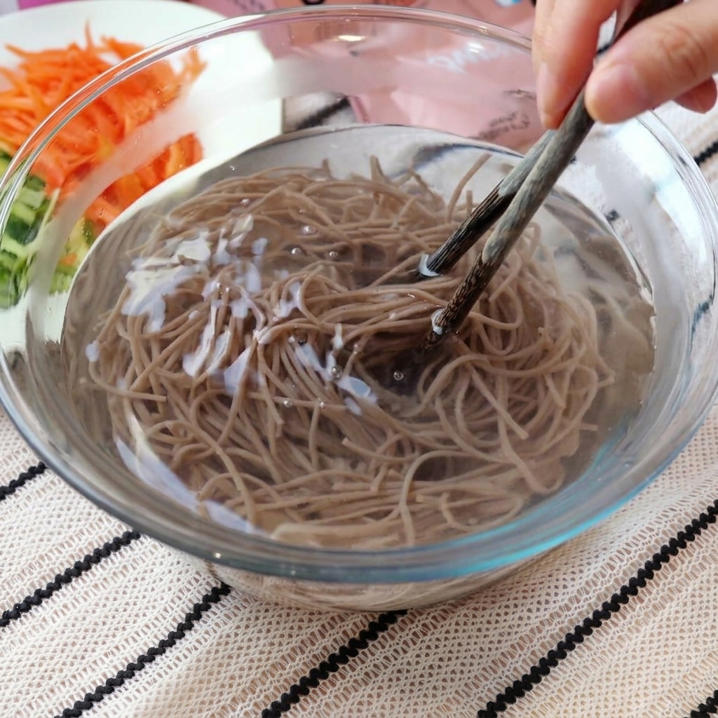 Gekochte braune Soba-Nudeln werden in einer Glasschüssel mit kaltem Wasser untergetaucht und mit Stäbchen gerührt.