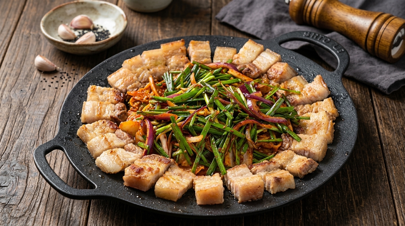 Scharf angebratener Kimchi-Schweinebauch (Samgyeopsal)