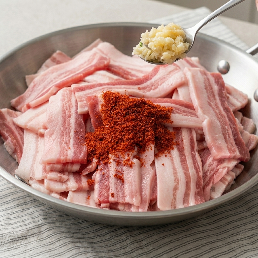 Rohe Schweinebauchstreifen werden in einer Edelstahlschüssel mit einer kräftigen, roten Marinade bestrichen.