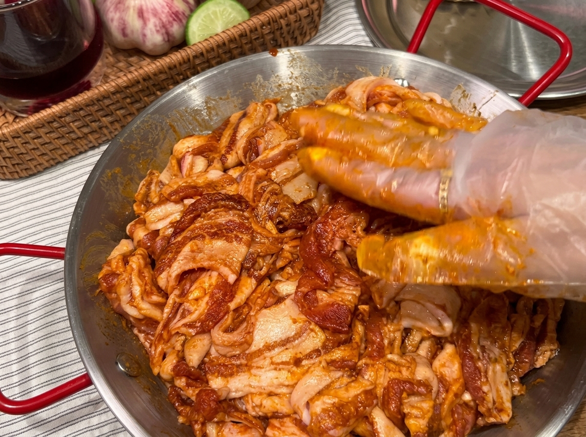 Marinierte Schweinebauchscheiben werden in einer heißen Pfanne platziert und beginnen zu zischen.