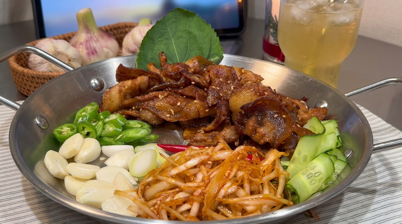 Koreanisch marinierter Schweinebauch aus der Pfanne
