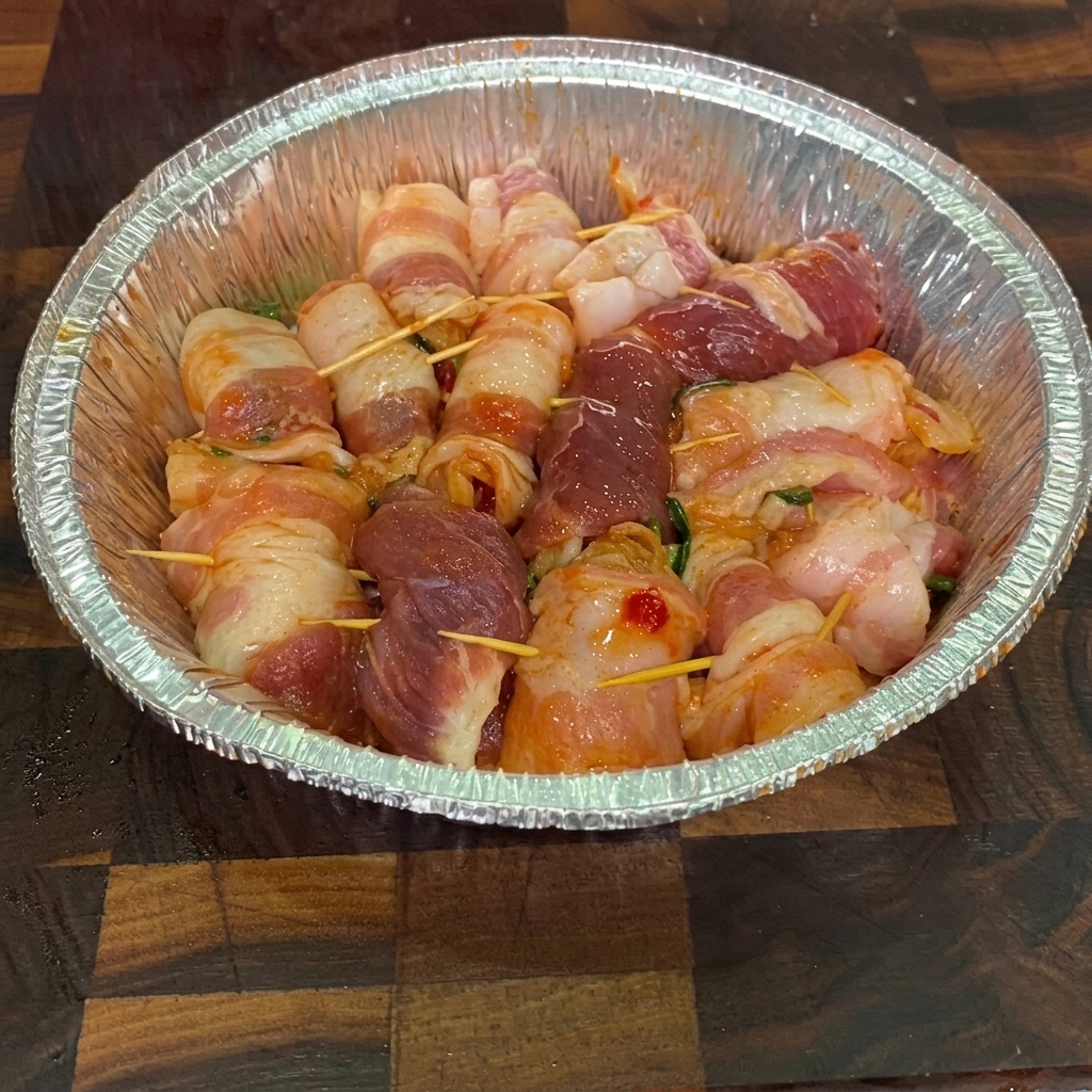 Nahaufnahme der rohen Schweinebauch-Kimchi-Röllchen in einer Aluschale, die mit Speiseöl besprüht werden.