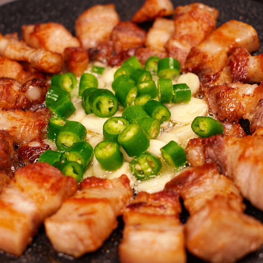Kimchi und grüne Chilis garen in der Pfannenmitte, umgeben von knusprigem Schweinebauch.