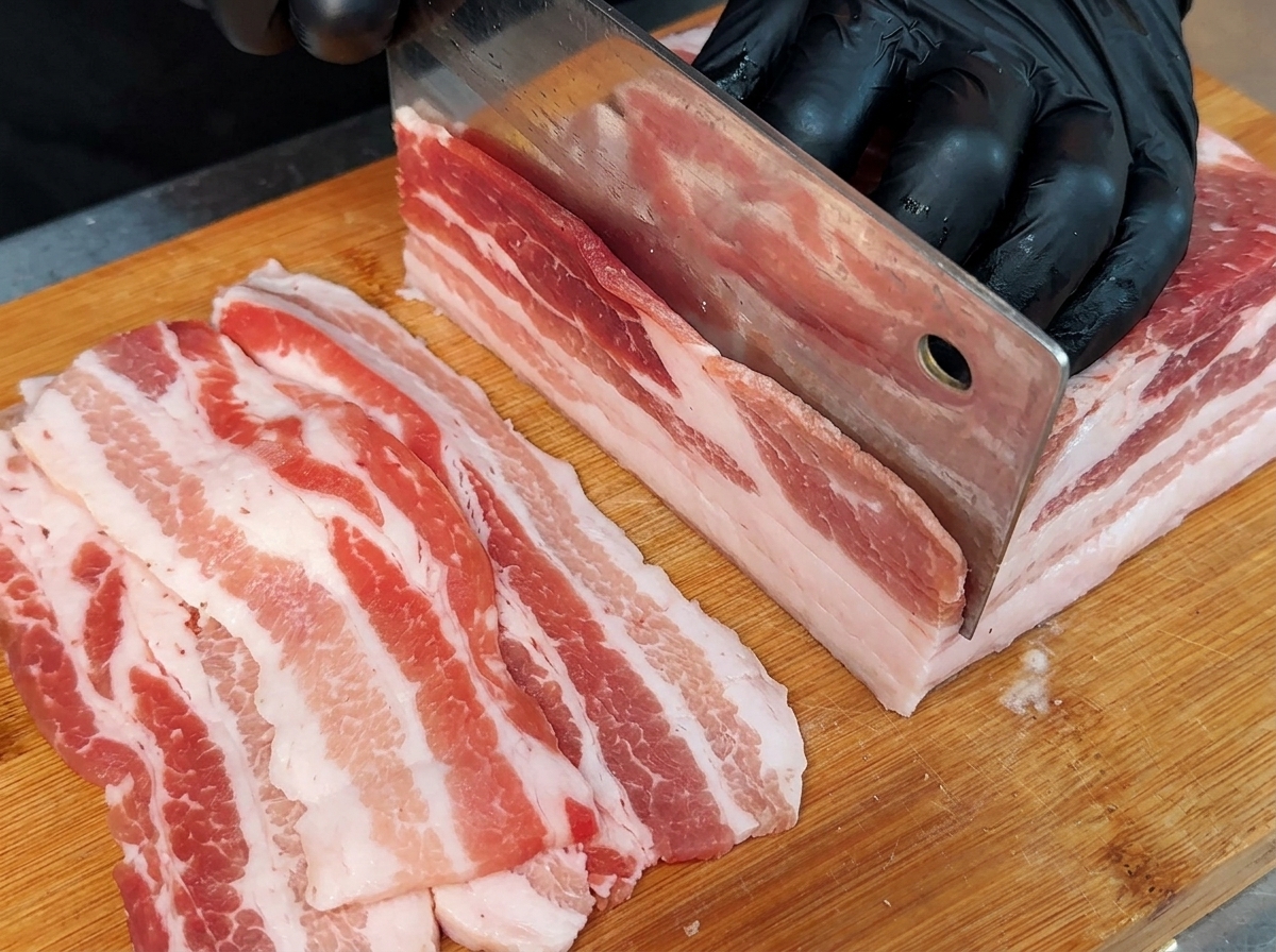 Dünne Scheiben roher Schweinebauch ordentlich auf einem Holzschneidebrett angerichtet.