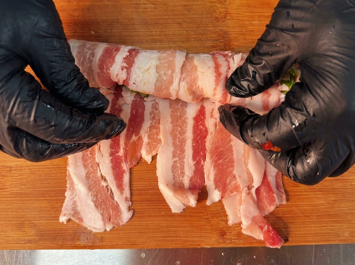 Nahaufnahme von Händen in schwarzen Handschuhen beim festen Rollen von Schweinebauchscheiben um die bunte Gemüsefüllung.