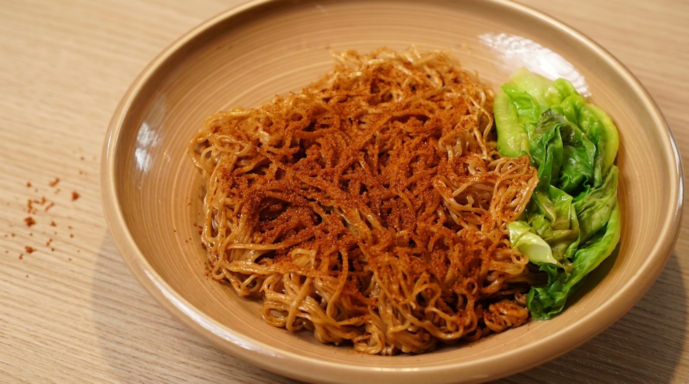 Eine Schüssel Nudeln nach Hongkong-Art, bestreut mit herzhaftem Garnelenrogen und serviert mit knackigem, blanchiertem Salat.
