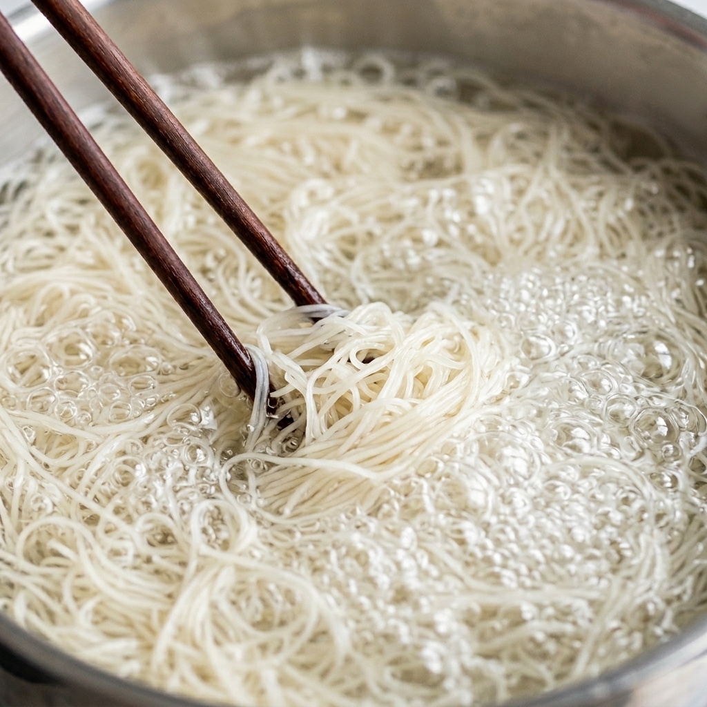 Weizennudeln kochen im Topf und werden weich.