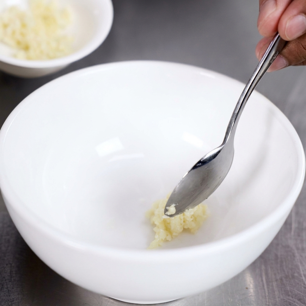 Dunkle Sojasauce wird in eine Schüssel mit gehacktem Knoblauch gegeben.