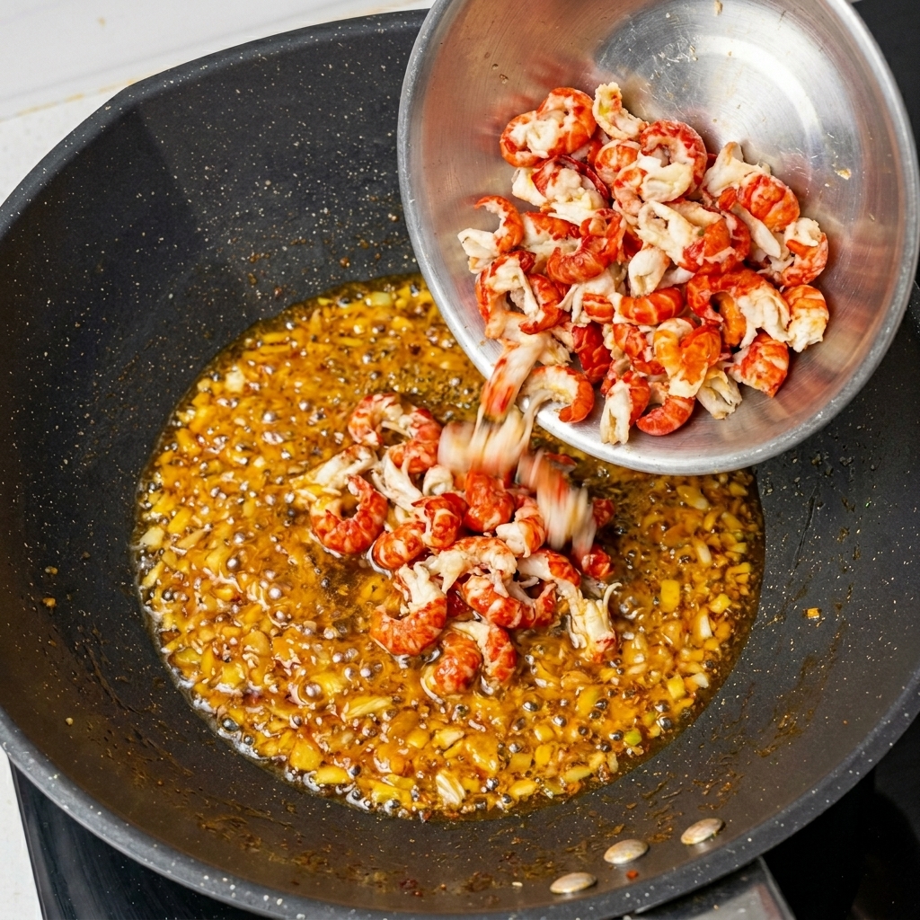 Blanchierte Flusskrebsschwänze werden im Wok in der scharfen, roten Ölbasis geschwenkt.