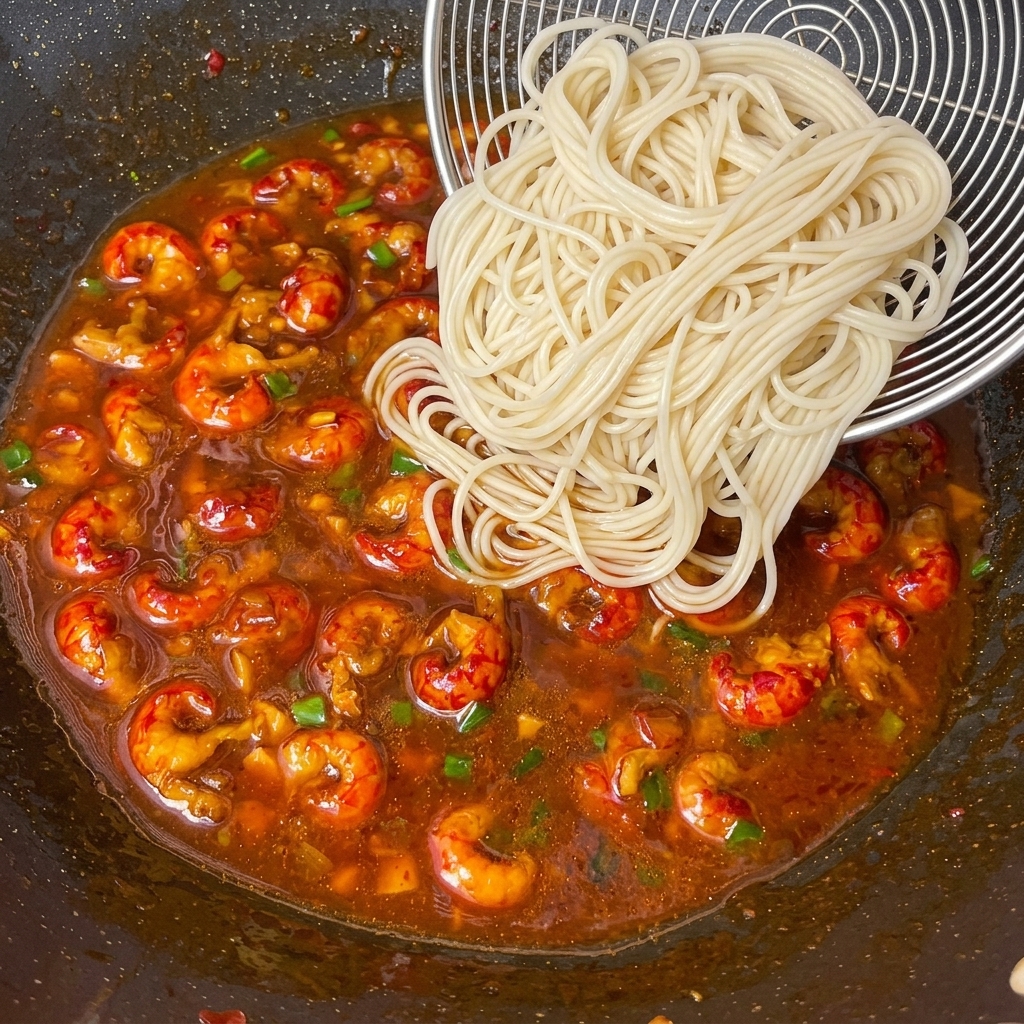 Vorgekochte Nudeln werden im Wok mit der angedickten Sauce und den Flusskrebsen vermengt.