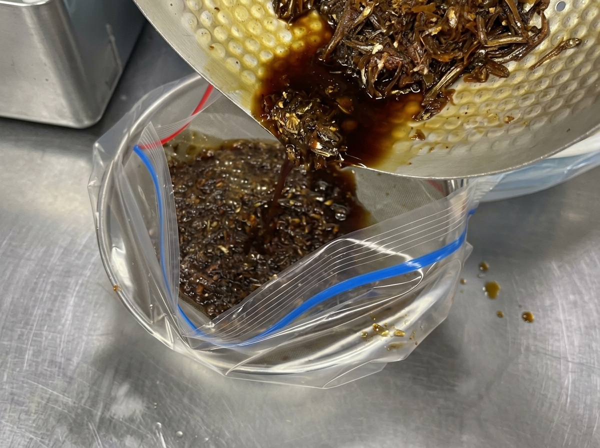 Gemüse wie Kohl, Karotten und Aromaten werden in einen großen Topf mit kochender Brühe gegeben.