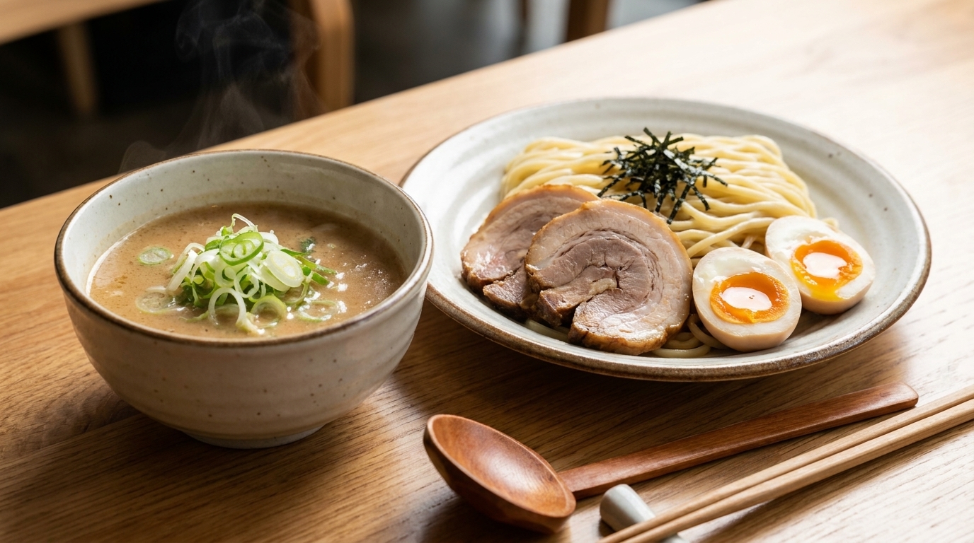 Eine Schüssel mit reichhaltiger, cremiger Tsukemen-Brühe, serviert mit kalten Ramen-Nudeln, weichgekochten Eiern und zartem Chashu-Schweinefleisch.