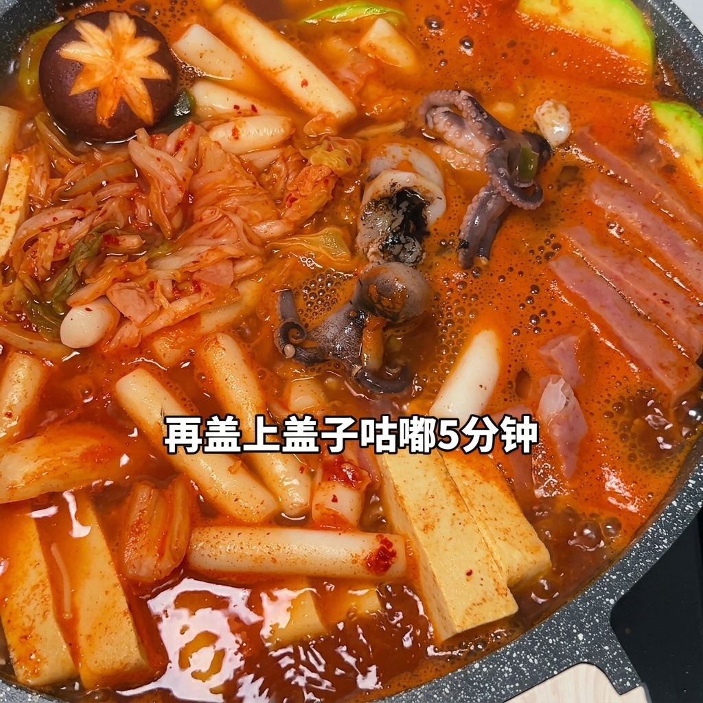 Ein köchelnder Topf mit Budae Jjigae, in dem Instant-Nudeln garen, belegt mit einer schmelzenden Käsescheibe.