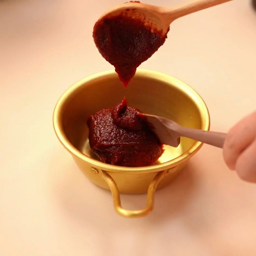 Ein Holzlöffel gibt dickflüssige rote koreanische Chilipaste in eine kleine goldene Schüssel.