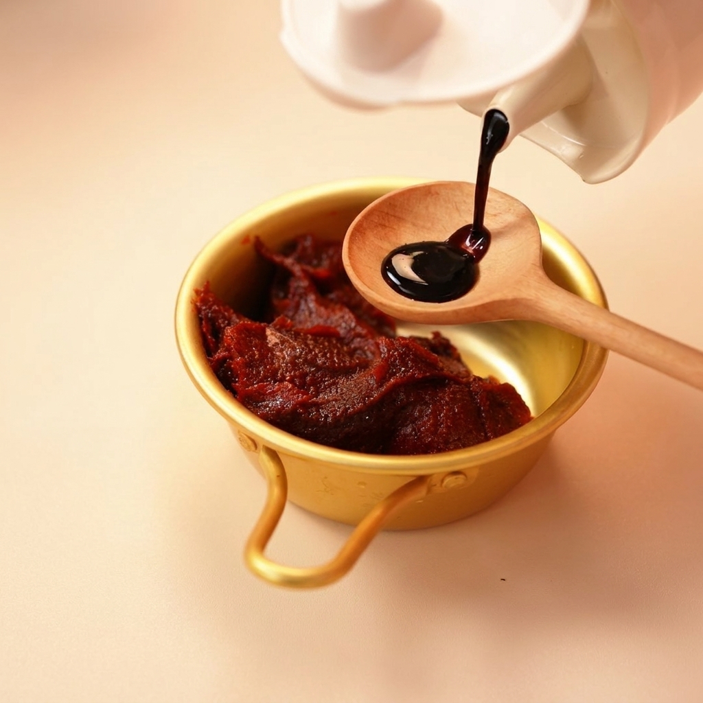 Dunkle Sojasauce wird aus einer Flasche auf einen Holzlöffel über einer Schüssel mit Chilipaste gegossen.