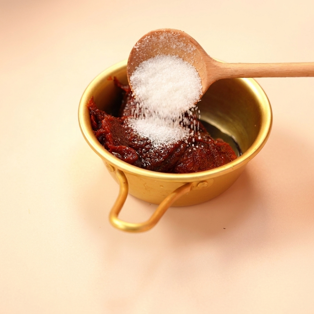 Ein Holzlöffel streut weißen Zucker in die Schüssel mit Chilipaste und Sojasauce.