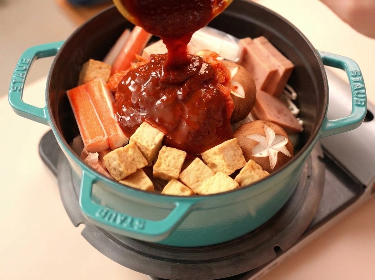 Die rote Sauce wird aus einer kleinen gelben Schüssel über die Zutaten gegossen.