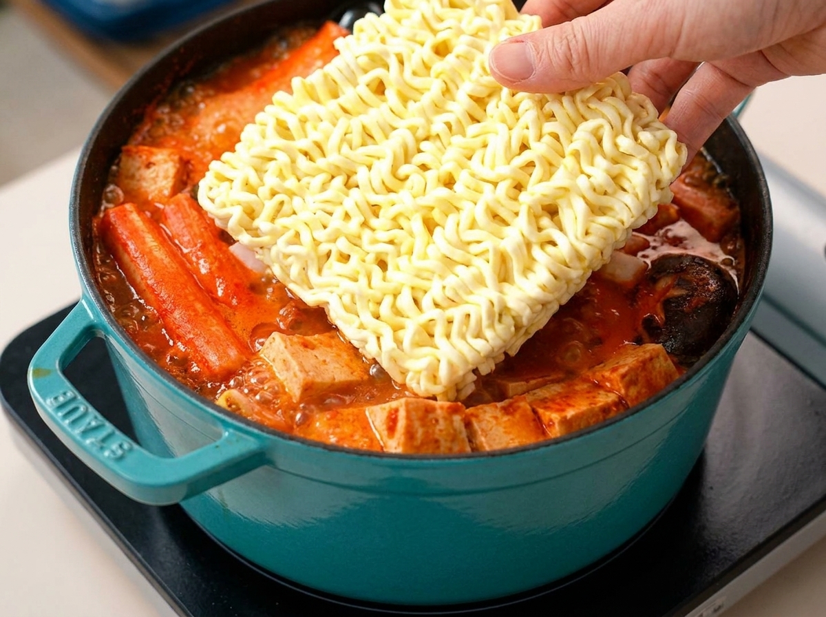 Ein Block trockene Ramen-Nudeln wird in die kochende rote Brühe gelegt.