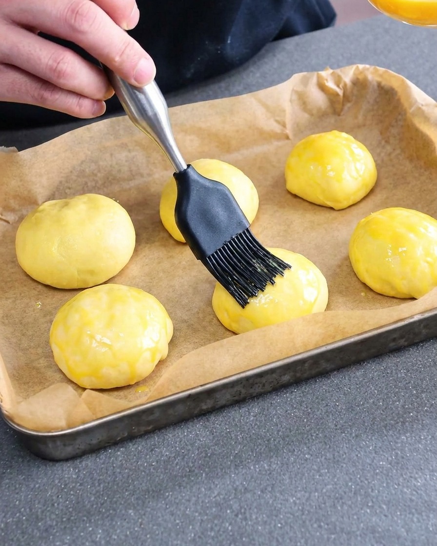 Ungebackene Brötchenteigkugeln auf einem Backblech werden mit Eistreiche bestrichen.